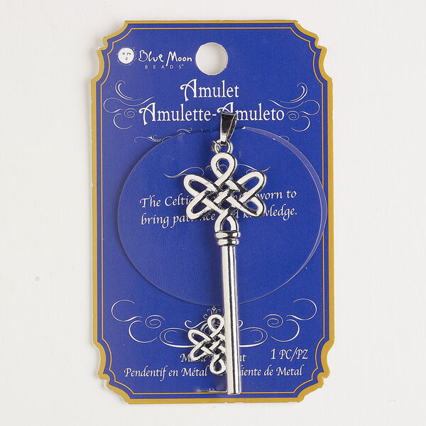 Pendant, silver-finished "pewter" (zinc-based alloy) and steel, 63x20mm Celtic knot key. Sold individually. image number 0