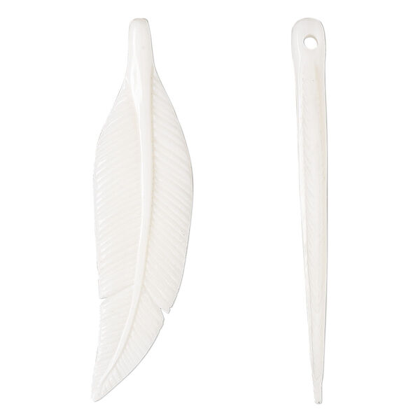 Focal, bone (bleached), white, 49x11mm hand-carved side-drilled double-sided feather, Mohs hardness 2-1/2. Sold per pkg of 2. image number 0