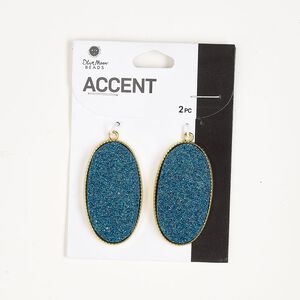 Focal, gold-finished "pewter" (zinc-based alloy) and "druzy" (acrylic), blue, 49x26mm-50x26mm oval. Sold per pkg of 2.