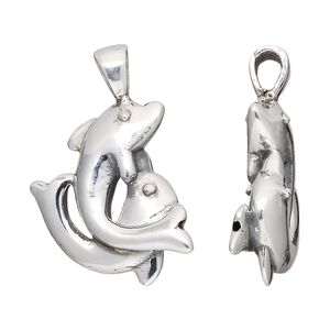 Pendant, antiqued fine silver and sterling silver, electroformed, 32x21mm double-sided dolphins. Sold individually.