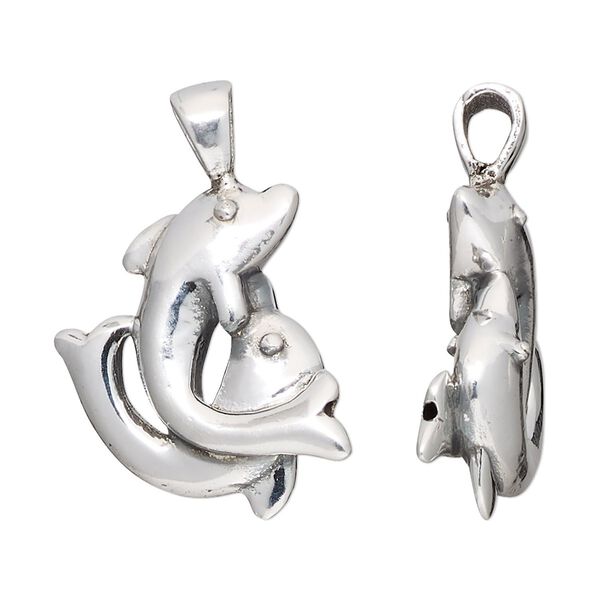Pendant, antiqued fine silver and sterling silver, electroformed, 32x21mm double-sided dolphins. Sold individually. image number 0