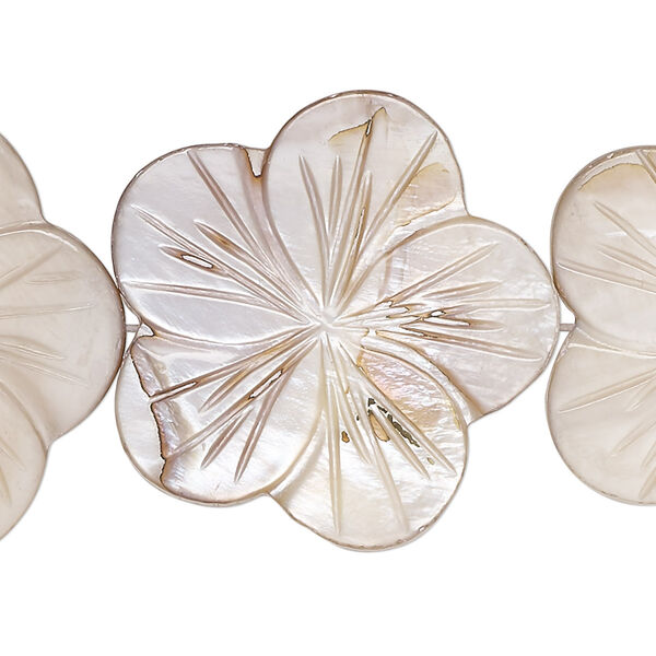 Bead, mother-of-pearl shell (dyed), beige, 28x27mm-30mm carved flat flower, 0.6-0.8mm hole, Mohs hardness 3-1/2. Sold per 15-inch strand. image number 0