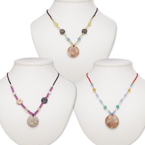 Multi-gemstone / acrylic / glass 1pkg3, round pendant necklace mix continuous loop 20 inch 29-35mm