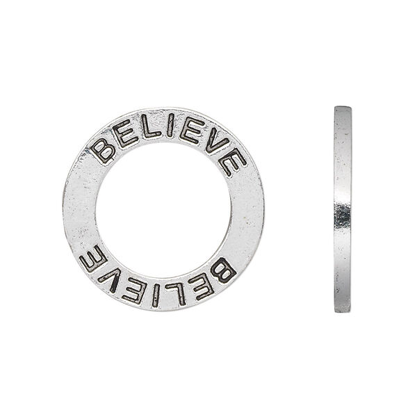 Charm, antique silver-plated pewter (tin-based alloy), 22x2mm double-sided affirmation round "BELIEVE." Sold per pkg of 2. image number 0