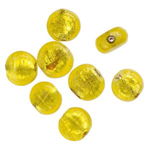 Bead, lampworked glass, opaque yellow, 15x8mm-13x6mm flat round with silver-colored foil. Sold per pkg of 8.