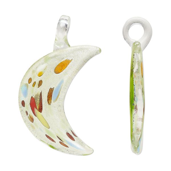 Focal, lampworked glass, multicolored, 44x32mm-48x35mm moon with copper-colored glitter and silver-colored foil. Sold individually. image number 0