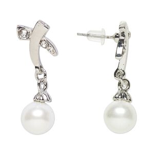 Earring, Everyday Jewelry, antique silver-finished "pewter" (zinc-based alloy) / glass / acrylic pearl, clear and white, 34mm with post. Sold per pair.