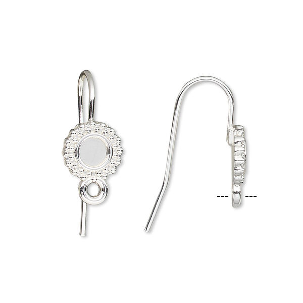 Ear wire, silver-finished brass, 16mm fishhook with 4mm beaded round glue-in setting and closed loop, 18 gauge. Sold per pkg of 5 pairs. image number 0