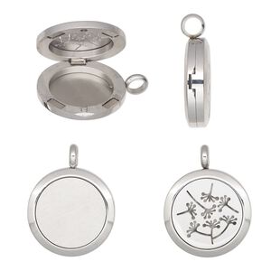 Pendant, stainless steel, pkg/1, 32x25mm single-sided hinged round locket, cutout dandelion design and magnetic closure