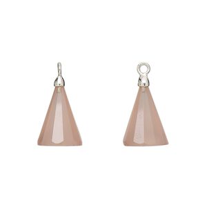 Drop, silver-plated pink chalcedony (dyed) and electroplated sterling silver, 14x9mm-15x10mm hand-cut 3D faceted cone, Mohs hardness 6-1/2 to 7. Sold individually.