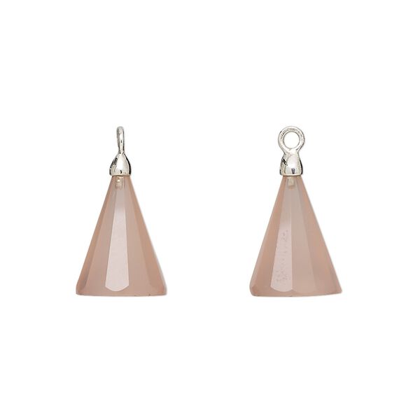 Drop, silver-plated pink chalcedony (dyed) and electroplated sterling silver, 14x9mm-15x10mm hand-cut 3D faceted cone, Mohs hardness 6-1/2 to 7. Sold individually. image number 0