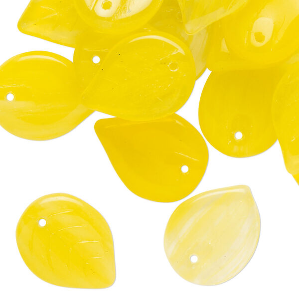 Bead, Czech pressed glass, translucent yellow and clear, 18x13mm top-drilled leaf with swirl pattern. Sold per 2-ounce pkg, approximately 44 beads. image number 0