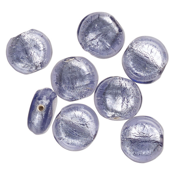 Bead, lampworked glass, opaque purple, 15x8mm-13x6mm flat round with silver-colored foil. Sold per pkg of 8. image number 0