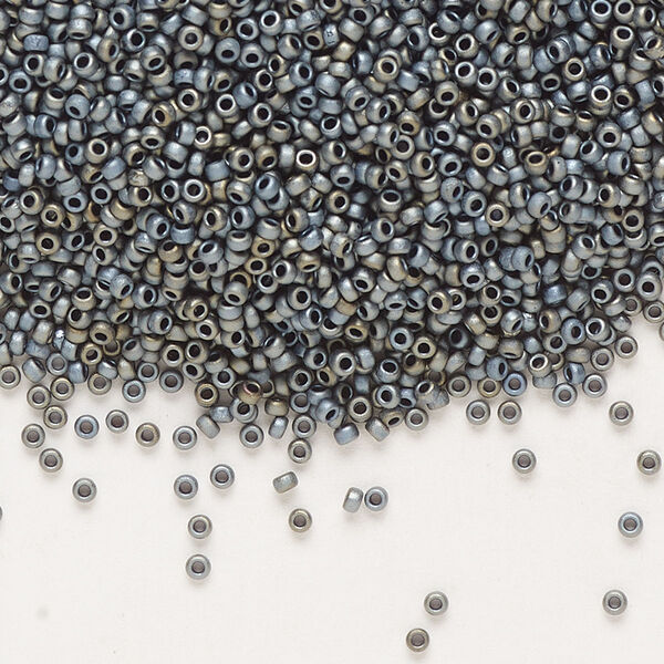 Seed bead, Miyuki, glass, pkg/35g, #15 rocaille, opaque matte metallic silver grey, (RR-2002). image number 0