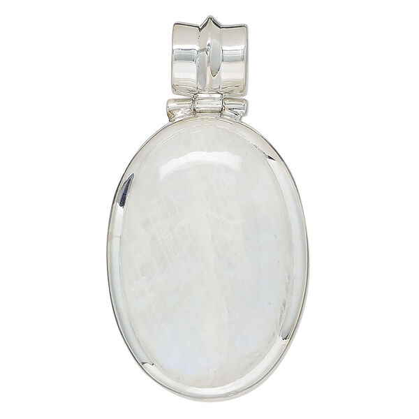 Pendant, rainbow moonstone (natural) and sterling silver, 38x25mm-43x30mm oval. Sold individually. image number 0