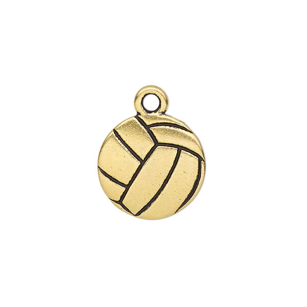 Charm, TierraCast®, antique gold-plated pewter (tin-based alloy), 15.5mm two-sided volleyball. Sold per pkg of 2. image number 0