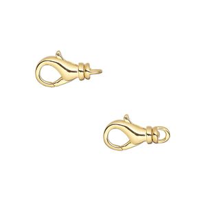 Clasp lobster claw 1pkg10 gold-plated, 12x7mm swivel, brass 1-strand