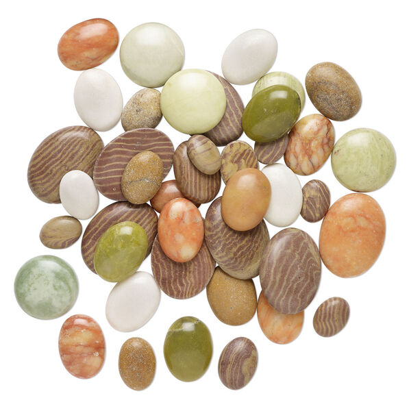 Cabochon mix, multi-gemstone (natural), 15mm-40x30mm non-calibrated round and oval, C- grade. Sold per 1-pound pkg, approximately 45-65 cabochons. image number 0