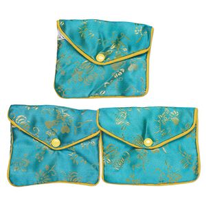 Pouch, rayon, teal / yellow / white, 3-1/2x4-1/2-inch brocade. Sold per pkg of 3.