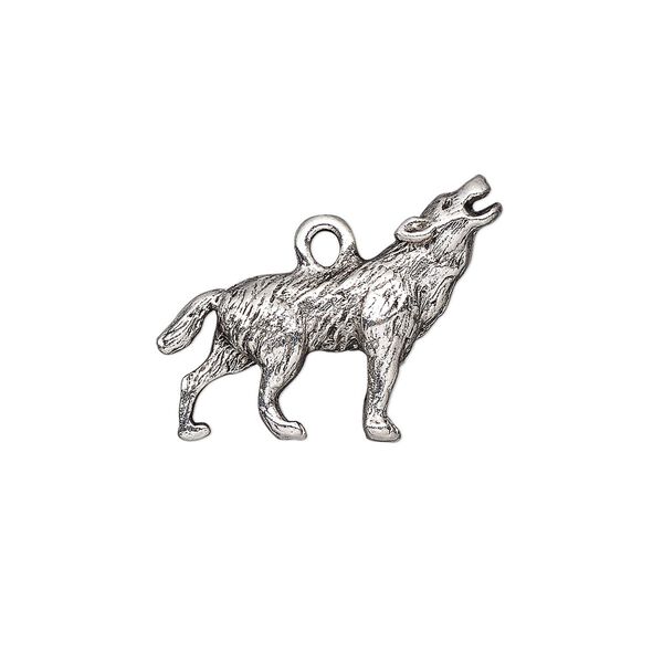 Charm, antique silver-plated pewter (tin-based alloy), 28x18.5mm 3D wolf. Sold individually. image number 0