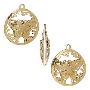 Drop, gold-finished stainless steel, 18mm double-sided domed round with textured cut-out butterfly design. Sold per pkg of 6.