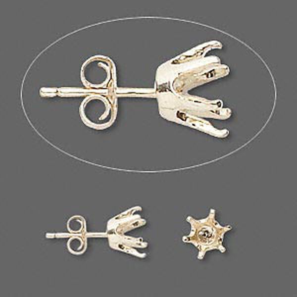 Earstud, Sure-Set™, 14Kt gold, 6mm 6-prong round setting. Sold per pair. image number 0