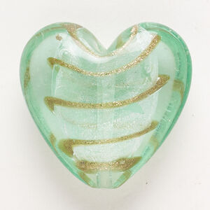 Bead, lampworked glass, pkg/1, opaque and translucent mint green with silver-colored foil and copper-colored glitter, 33-36mm puffed heart.