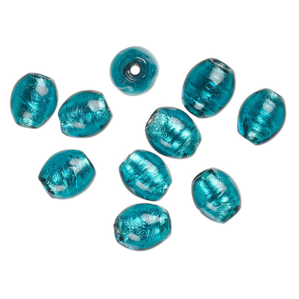 Bead, lampworked glass, opaque teal blue, 13x10mm-10x9mm oval with silver-colored foil. Sold per pkg of 10. image number 0