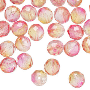 Bead, Czech fire-polished glass 1pkg50, orange and red, 8mm faceted round.