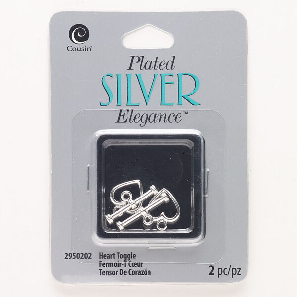 Clasp, toggle, brass, pkg/2, 12x11mm heart, silver finish. image number 0