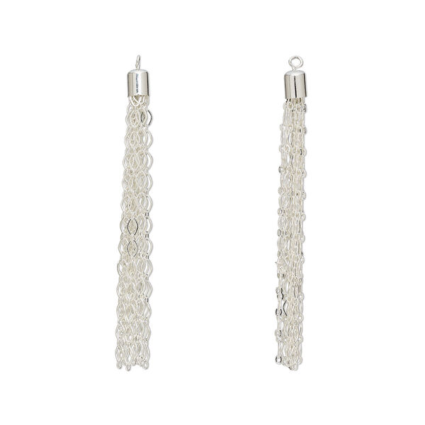 Focal, silver-plated brass, 3 x 1/4 inch tassel with long and short chain. Sold per pkg of 2. image number 0