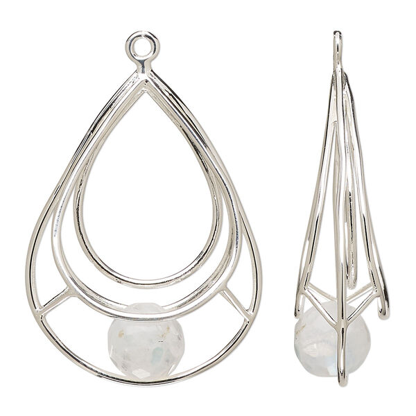 Focal, sterling silver and rainbow moonstone (natural), 32x25mm open teardrop with 9mm hand-cut faceted round, B- grade, Mohs hardness 6 to 6-1/2. Sold individually. image number 0