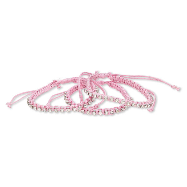 Bracelet, glass rhinestone / waxed cotton cord / silver-plated brass, pink and clear, 6mm wide with cupchain, adjustable from 6-1/2 to 9-1/2 inches with wrapped knot closure. Sold per pkg of 3. image number 0