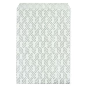 Bag, paper, white and silver, 7x5 inch rectangle with chainlink-print and scalloped top edge. Sold per pkg of 100.