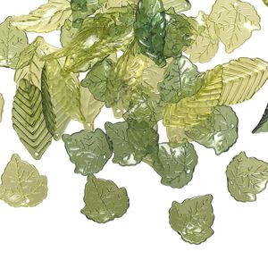 Drop and focal mix, acrylic, transparent light green / green / dark green, 24x22mm double-sided round leaf / 36x19mm double-sided folded leaf / 40x14mm double-sided curved leaf. Sold per 1/8 pound pkg, approximately 80 pieces.