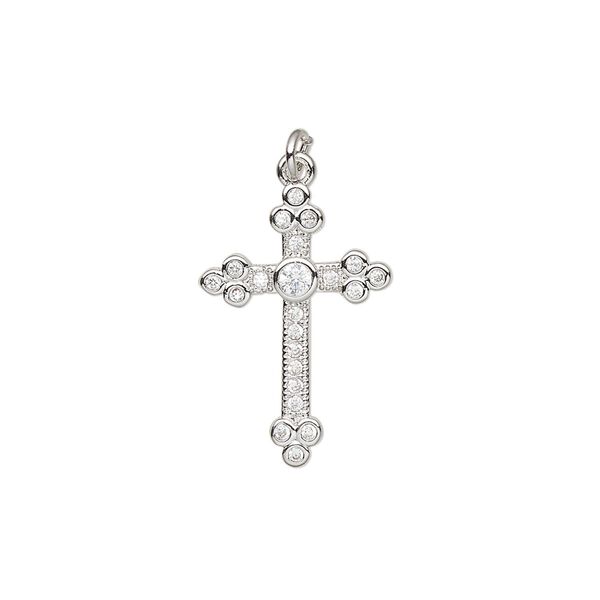 Drop, cubic zirconia and imitation rhodium-plated brass, clear, 21x14mm single-sided cross. Sold per pkg of 2. image number 0
