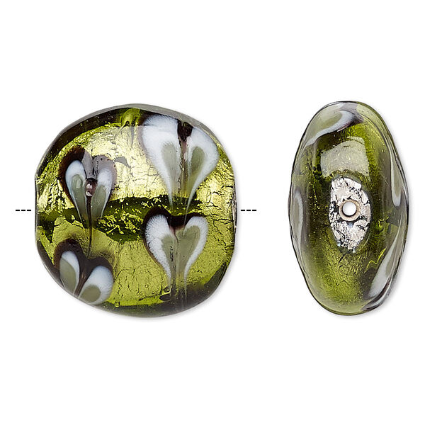 Bead, lampworked glass, olive green and multicolored with silver-colored foil, 22mm double-sided puffed flat round with heart pattern. Sold per pkg of 2. image number 0