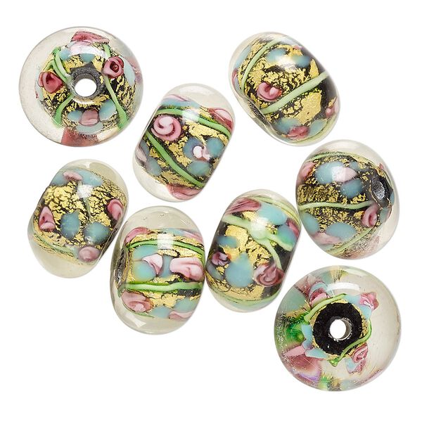 Bead, lampworked glass, multicolored with 24Kt gold foil, 12x9mm-15x12mm rondelle with stripe and flower design. Sold per pkg of 8. image number 0