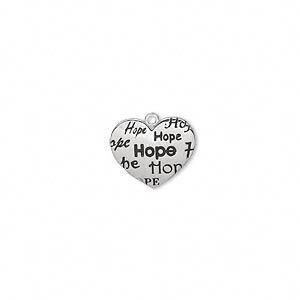 Charm, antique silver-plated "pewter" (zinc-based alloy), 25x21mm single-sided heart with multiple "Hope." Sold individually.