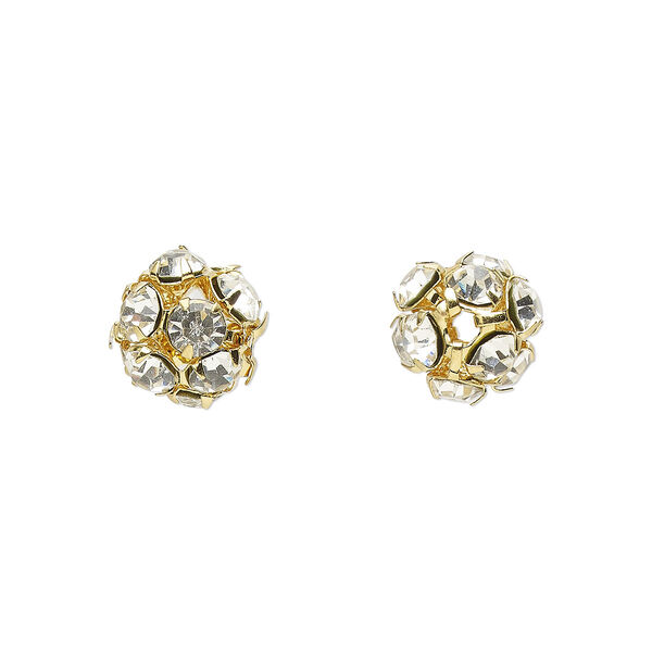 Bead, glass rhinestone and gold-finished brass, clear, 8mm round. Sold per pkg of 10. image number 0