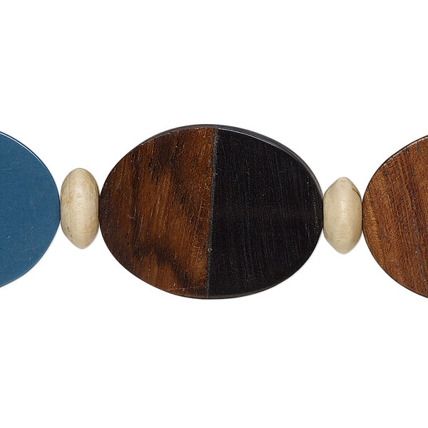 Bead, yellow boxwood and resin (assembled), light blue / dark blue / black, 23x18mm oval. Sold per 6-inch strand, approximately 6 beads. image number 0