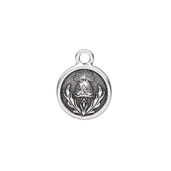 Charm, TierraCast®, antique silver-plated pewter (tin-based alloy), 14.5mm round with thistle design. Sold per pkg of 2. image number 0
