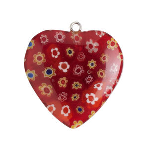 Focal 1pkg1, silver-finished steel / millefiori glass, translucent red / multicolored, 29-31mm puffed heart.