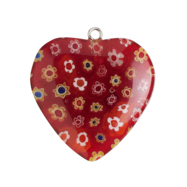 Focal 1pkg1, silver-finished steel / millefiori glass, translucent red / multicolored, 29-31mm puffed heart. image number 0
