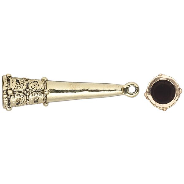 Cord end, glue-in, antique gold-finished "pewter" (zinc-based alloy), 29x8mm textured cone, 5mm inside diameter. Sold per pkg of 6. image number 0