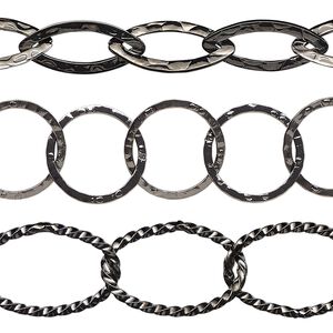 Chain mix 1pkg3 gunmetal-plated, 14mm hammered round / 18x8mm hammered marquise / 21x14mm twisted oval / closed links, brass 8 inch unfinished