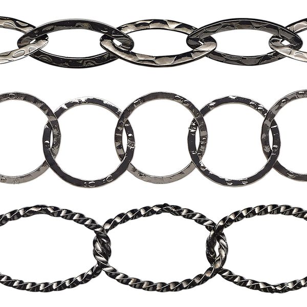 Chain, gunmetal-plated brass, 14mm hammered round / 18x8mm hammered marquise / 21x14mm twisted oval. Sold per pkg of (3) 8-inch sections. image number 0