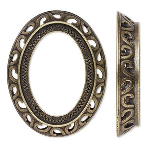 Component, antique gold-plated brass, 38x30mm oval with swirl design and 30x22mm oval setting. Sold per pkg of 4.