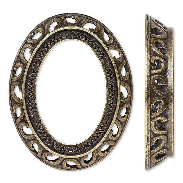 Component, antique gold-plated brass, 38x30mm oval with swirl design and 30x22mm oval setting. Sold per pkg of 4. image number 0