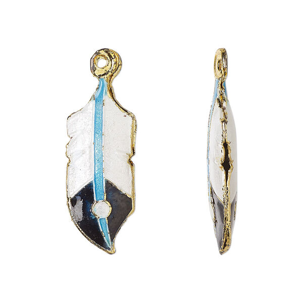 Focal, cloisonné, enamel and gold-finished brass, white / blue / dark blue, 31x11mm double-sided curved feather. Sold per pkg of 2. image number 0